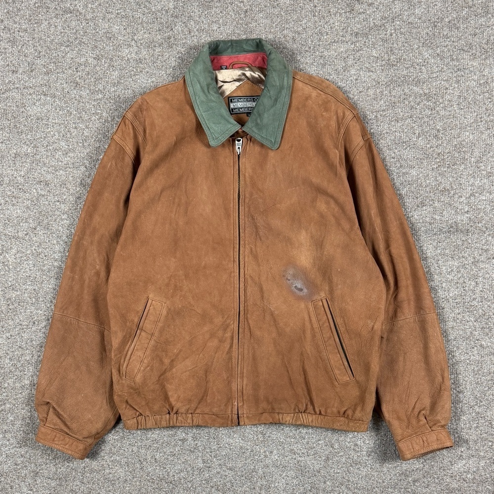 Vintage Members Only Brown Leather Bomber Jacket Men’s L Green Colorblock Collar
